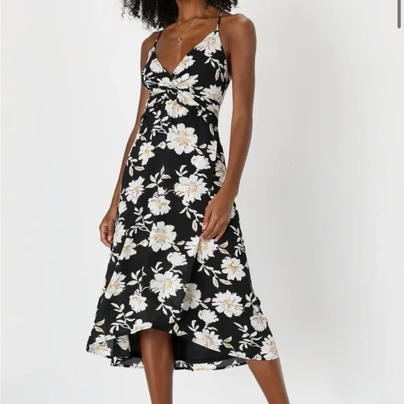 Puff Sleeve New Look Black White Dress Lulus Dresses Lulus Black Floral  Print Knotted Fauxwrap Midi Dress Poshmark